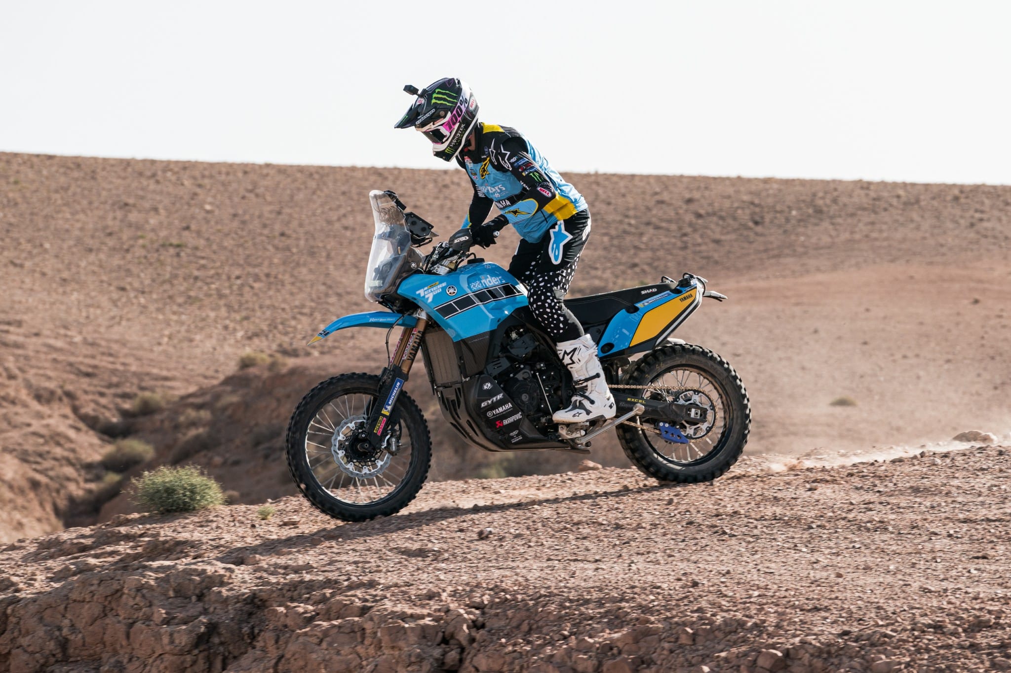 Rally version of the Yamaha Ténéré 700 on a sand ridge near Marrakech