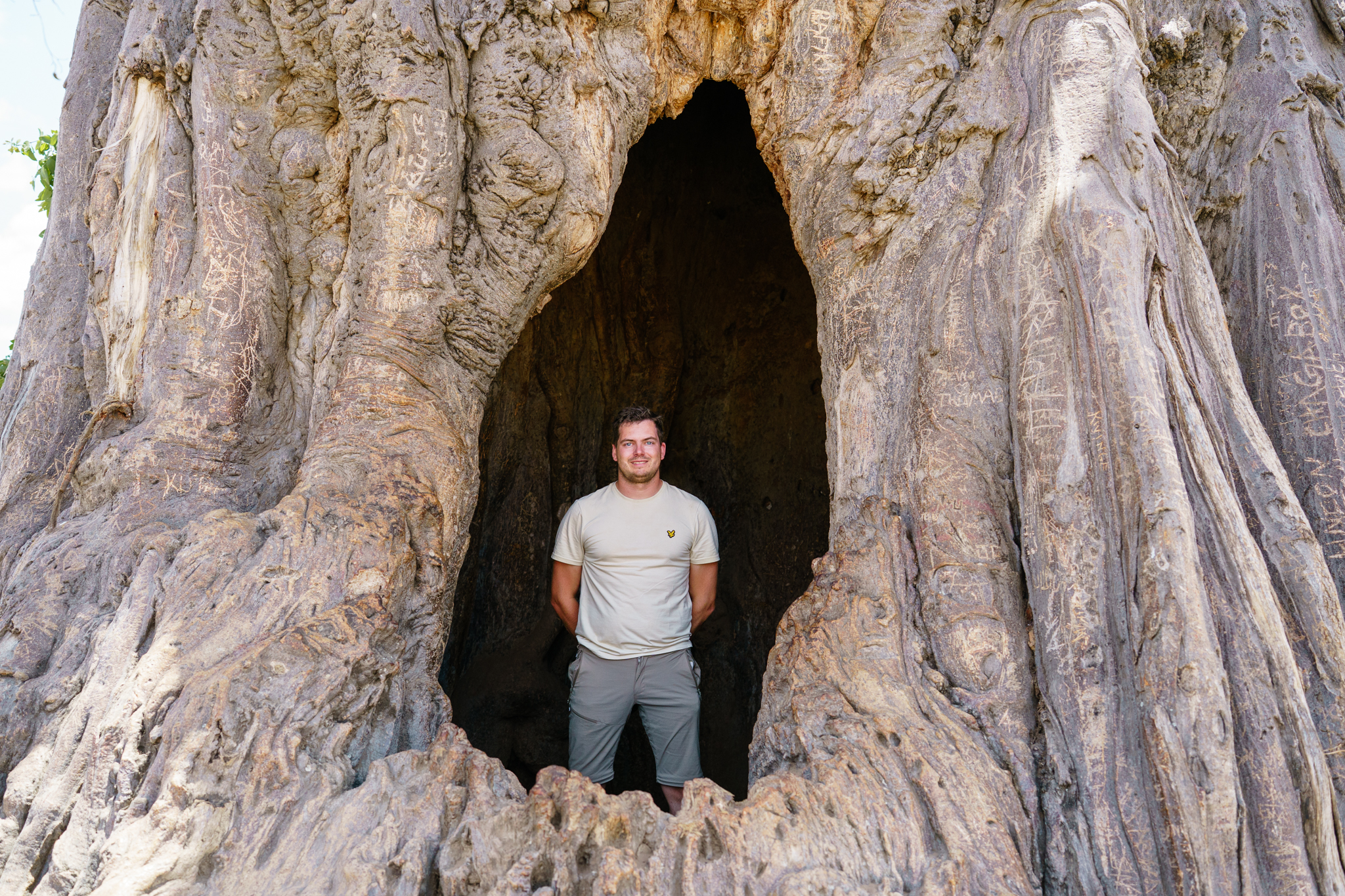 Robin Verheggen standing inside the hollow trunk of an ancient baobab in Tarangire, Tanzania